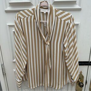 LOFT - Women's Striped White and Gold Tie Neck Blouse - Medium